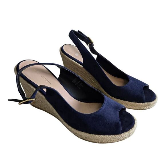 Stuart Weitzman Jean Blue Suede Slingback Cork Wedge Heel Sandal Size 8 - Picture 3 of 14